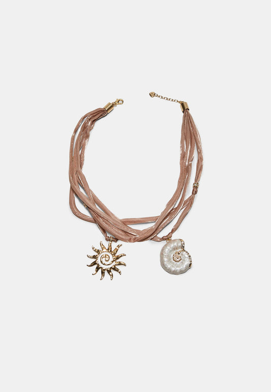 Pink Fabric Sun & Shell Pendant Necklace