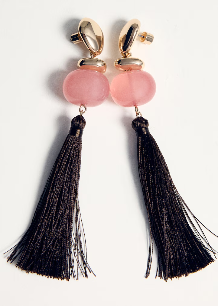 Pink Jade Bead Long Black Tassel Drop Earrings