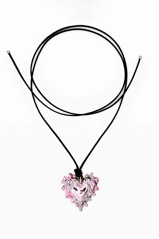 Pink Ombre Sculptural Heart Pendant Cord Necklace with Black Cord