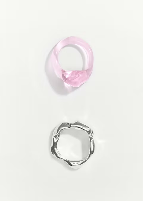 Pink Transparent Resin & Irregular Silver Stackable Ring Set