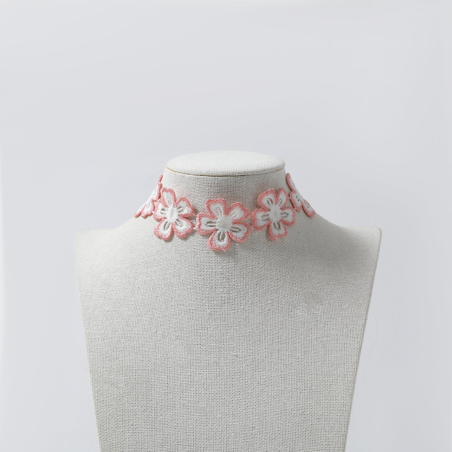 Pink & White Embroidered Flower Choker Necklace