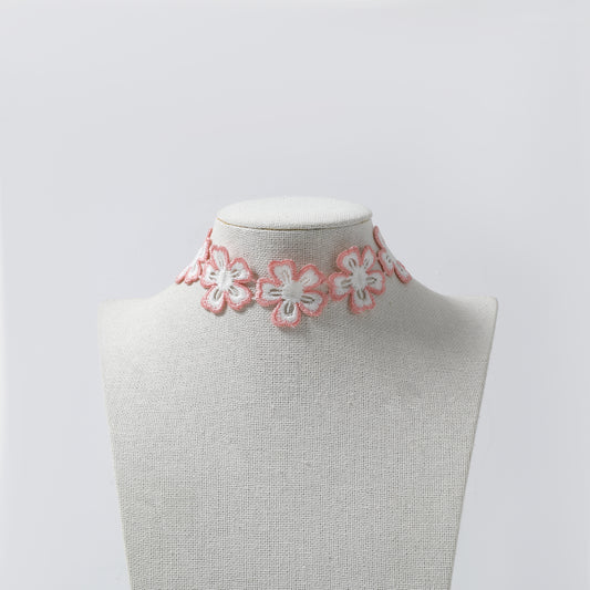 Pink & White Embroidered Flower Choker Necklace