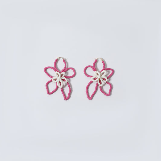 Pink & White Woven Double Flower Drop Earrings