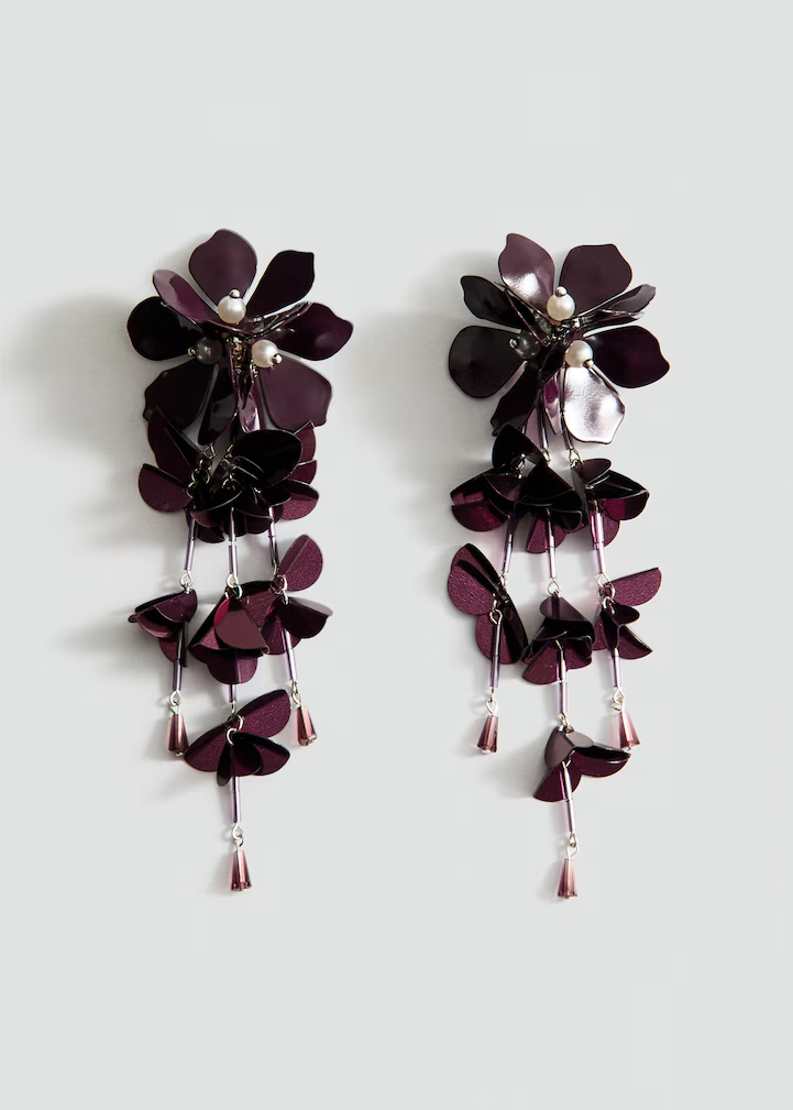 Plum Floral & Tassel Drop Earrings with Pearl Accents