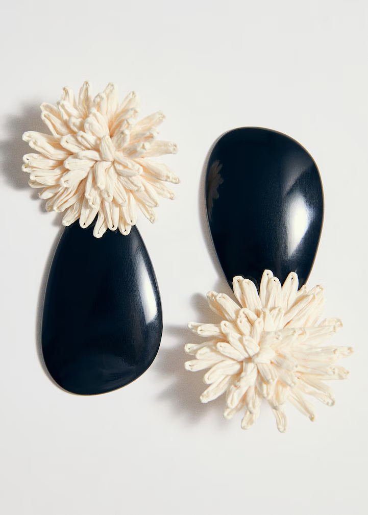 Raffia Flower & Glossy Teardrop Resin Asymmetrical Drop Earrings
