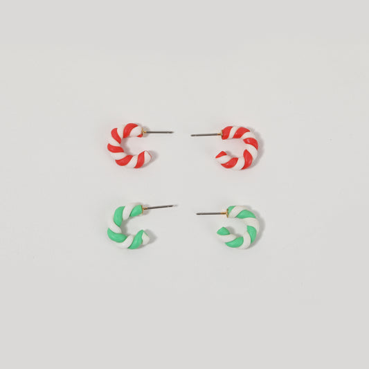 Red-and-White & Green-and-White Twisted Clay C-shaped Hoop Earrings Set