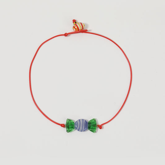 Red Cord Blue-striped Green-edge Glass Candy Necklace