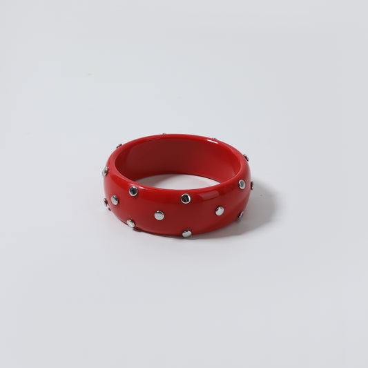 Red Glossy Resin Bangle Bracelet with Silver Polka Dot Inlay