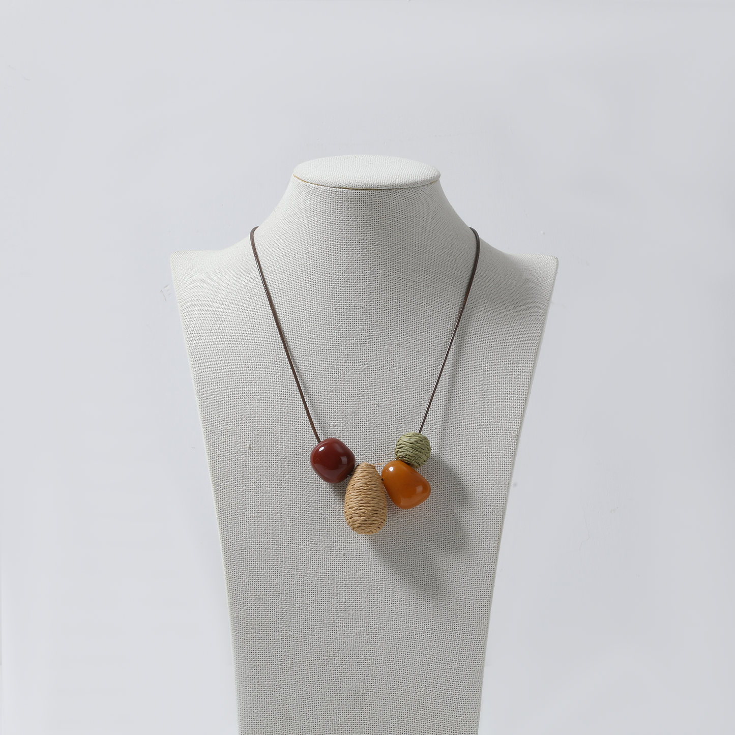 Red & Amber Bead with Rope Wrapped Pendant Necklace