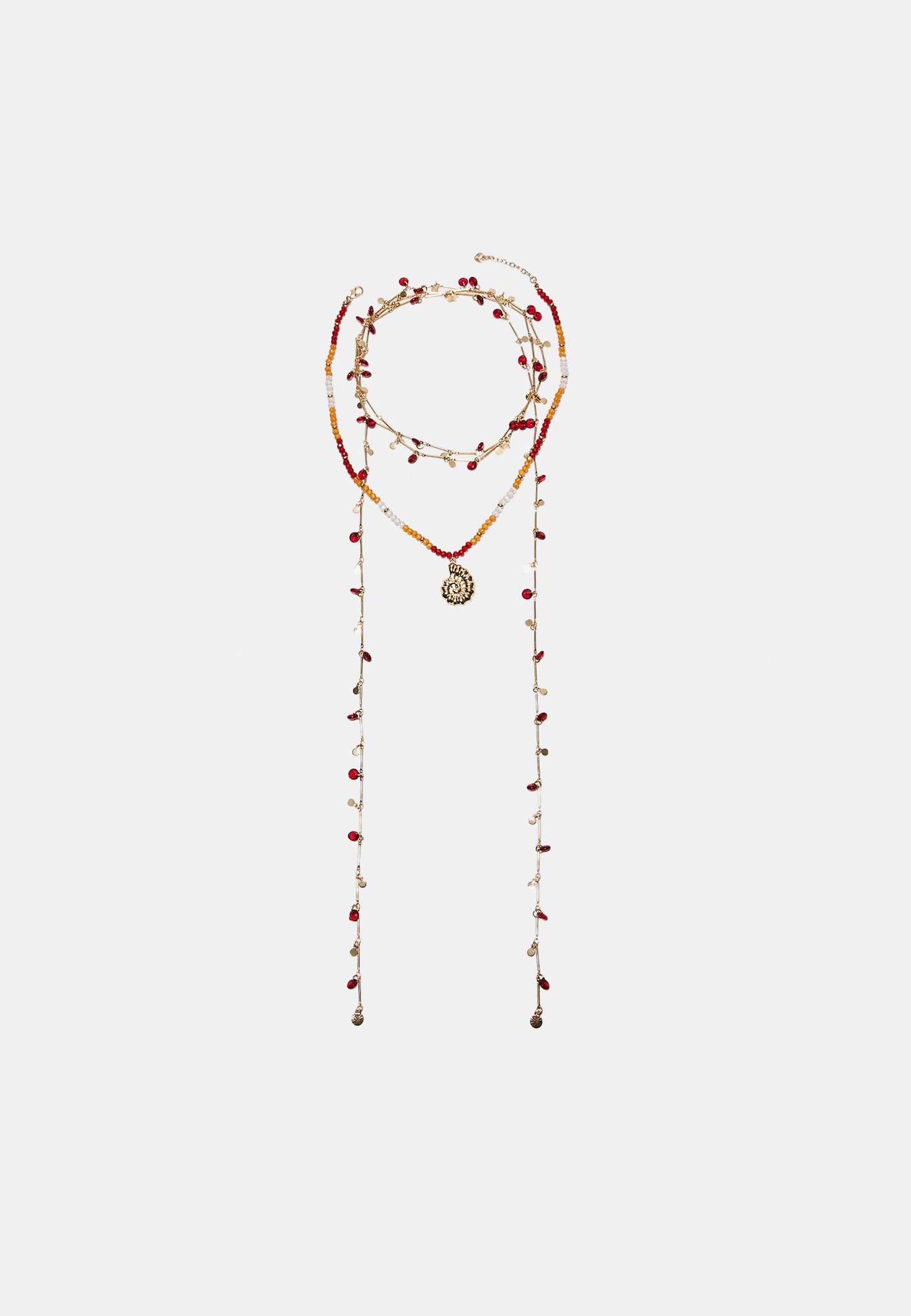 Red & Gold Beaded Layered Lariat Necklace