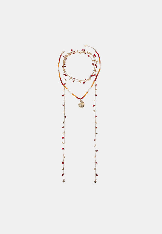 Red & Gold Beaded Layered Lariat Necklace