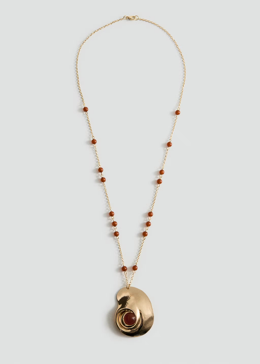 Round Red Bead Irregular Swirl Stone Gold Pendant Long Necklace