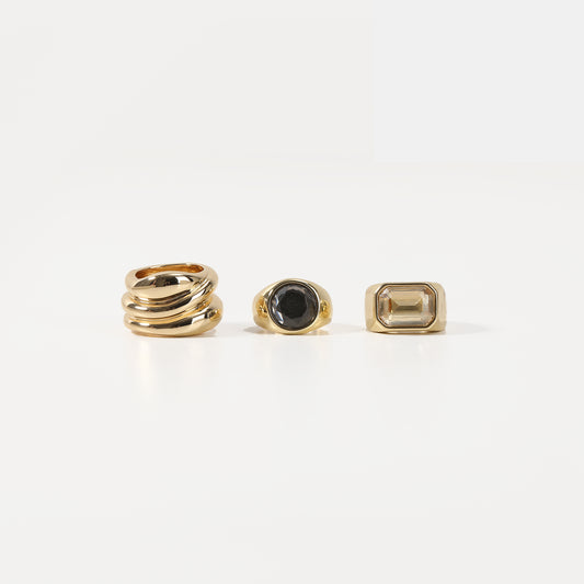 Set of 3 gold rings coiled band, black crystal signet, champagne crystal signet
