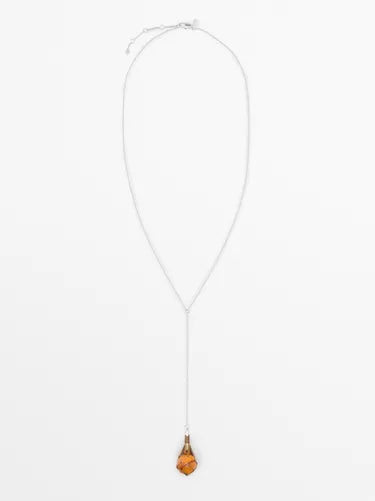 Silver Amber Teardrop Lariat Necklace