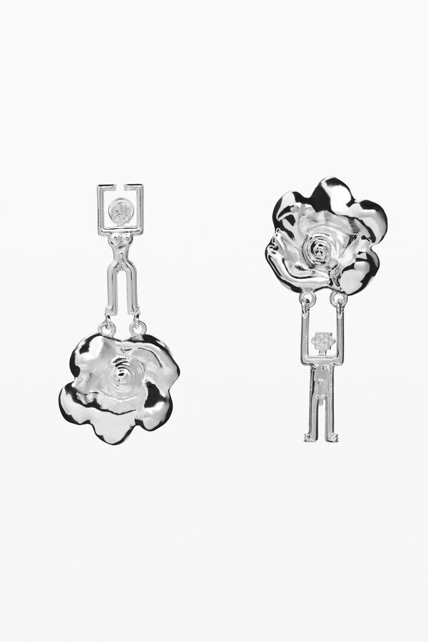 Silver Asymmetric Abstract Human & Flower Drop Earrings