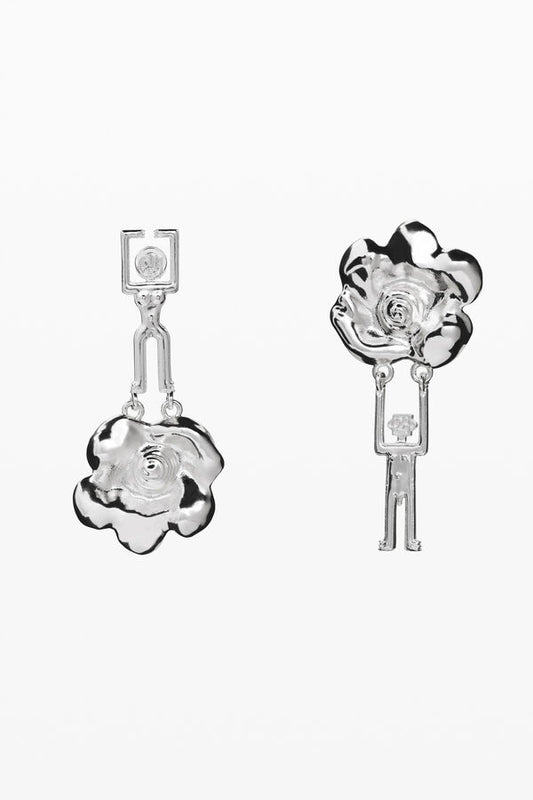 Silver Asymmetric Abstract Human & Flower Drop Earrings