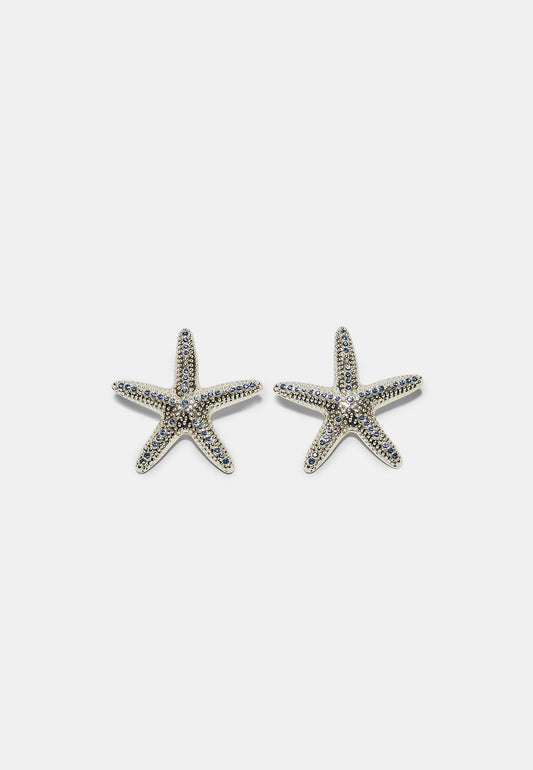 Silver Blue Crystal Starfish Stud Earrings