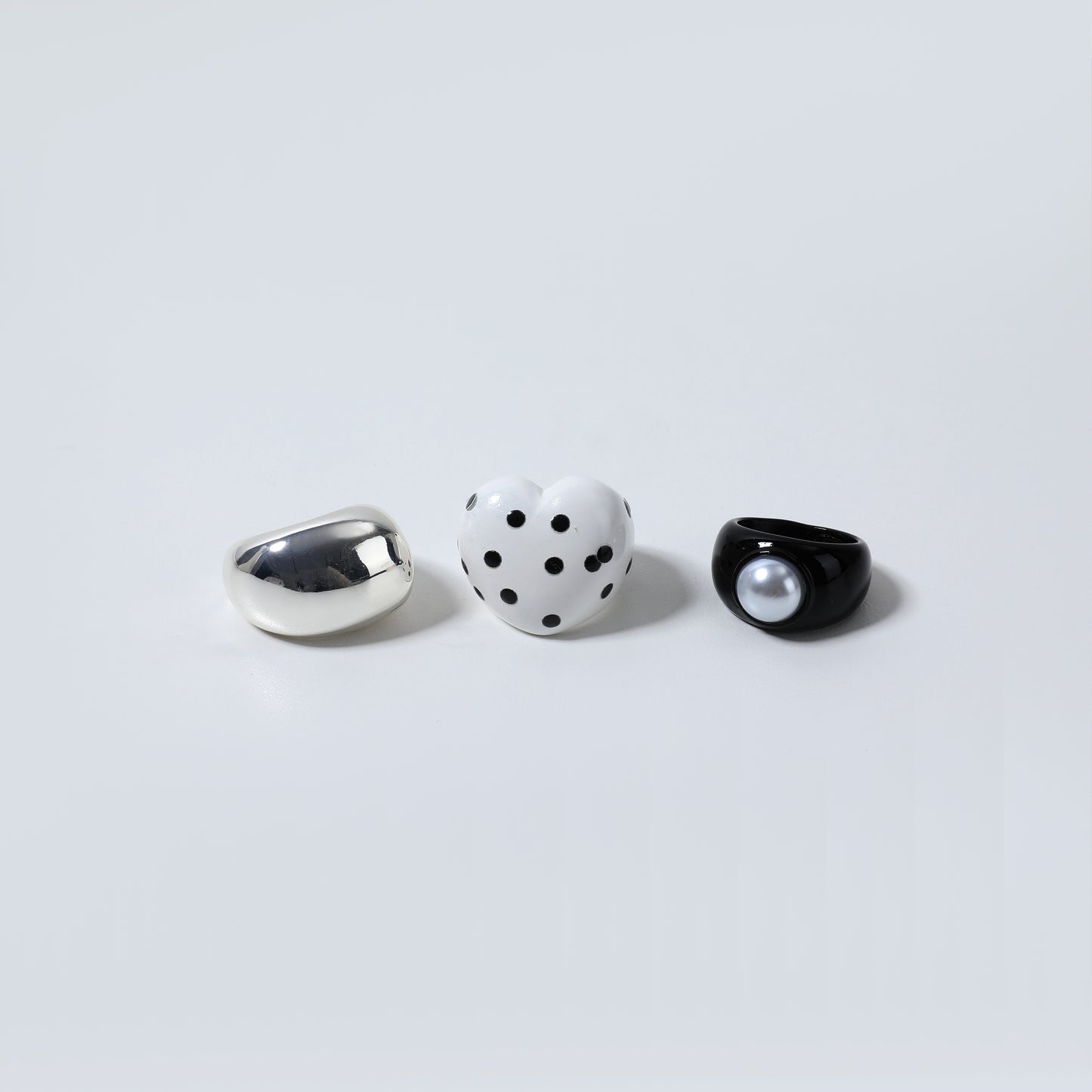 Silver Chunky Dome, White Heart Polka Dot & Black Pearl Resin Ring Set