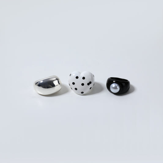 Silver Chunky Dome, White Heart Polka Dot & Black Pearl Resin Ring Set