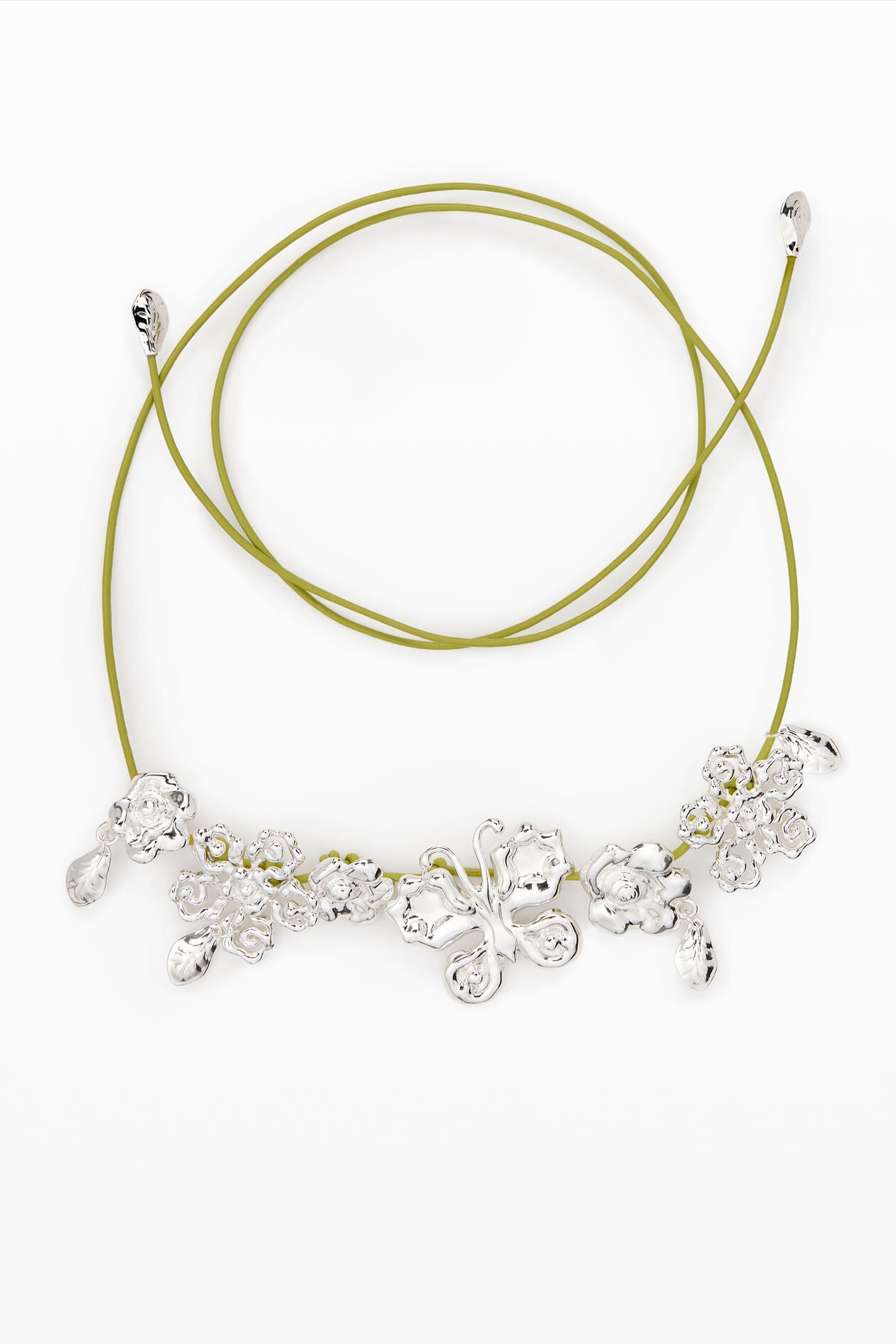 Silver Floral & Butterfly Pendant Cord Necklace with Olive Green Cord