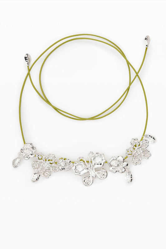 Silver Floral & Butterfly Pendant Cord Necklace with Olive Green Cord