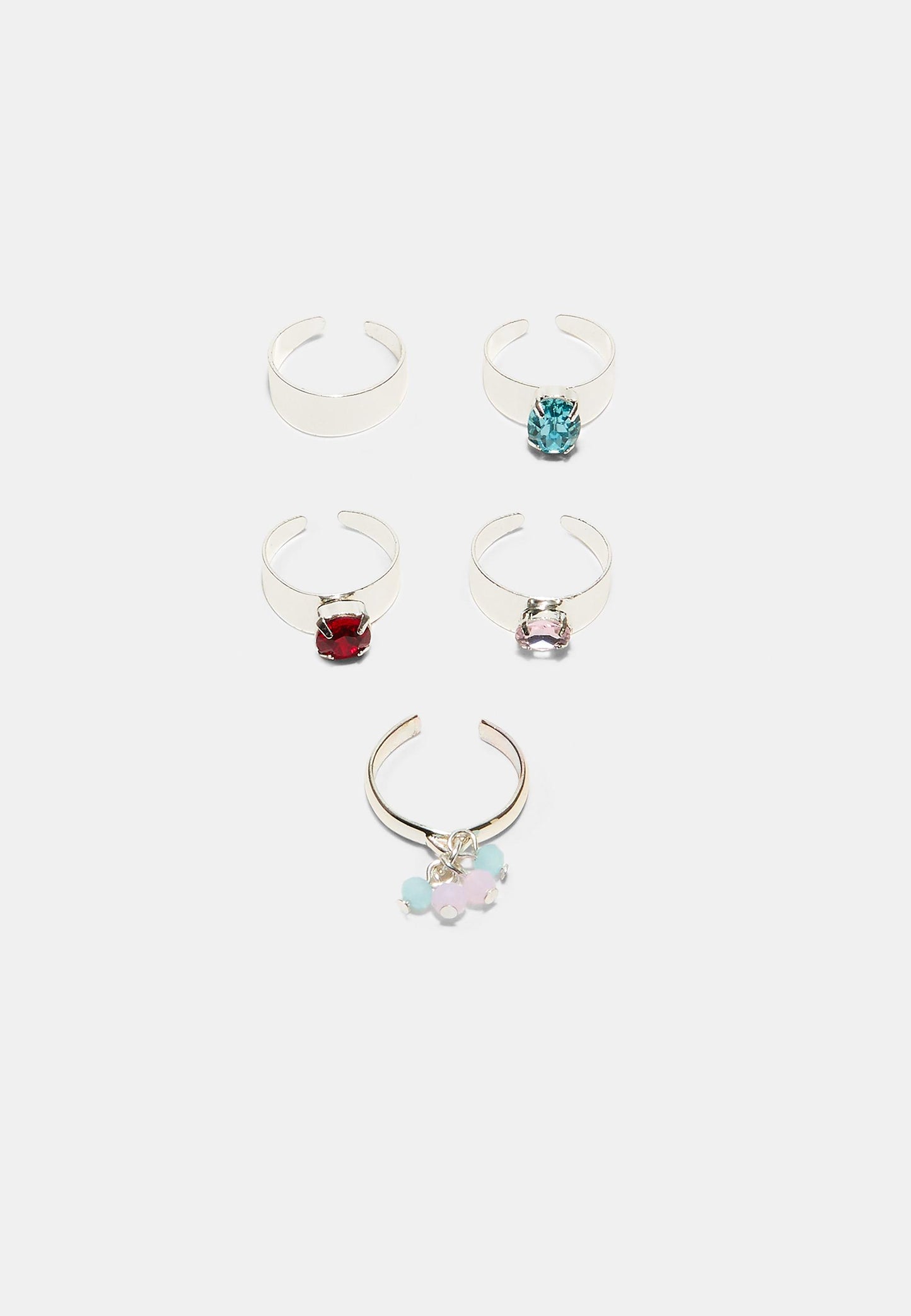 Silver Gemstone & Beaded Open Ring Set
