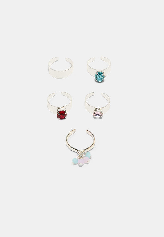 Silver Gemstone & Beaded Open Ring Set