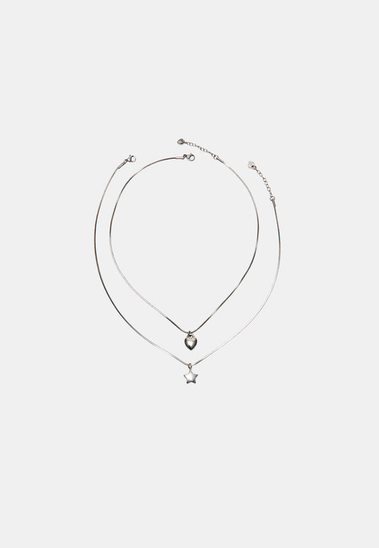 Silver Heart & Star Layered Necklace Set