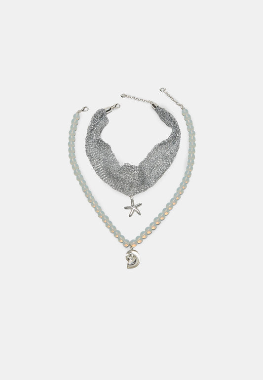 Silver Mesh & Beaded Star Layered Necklace Set