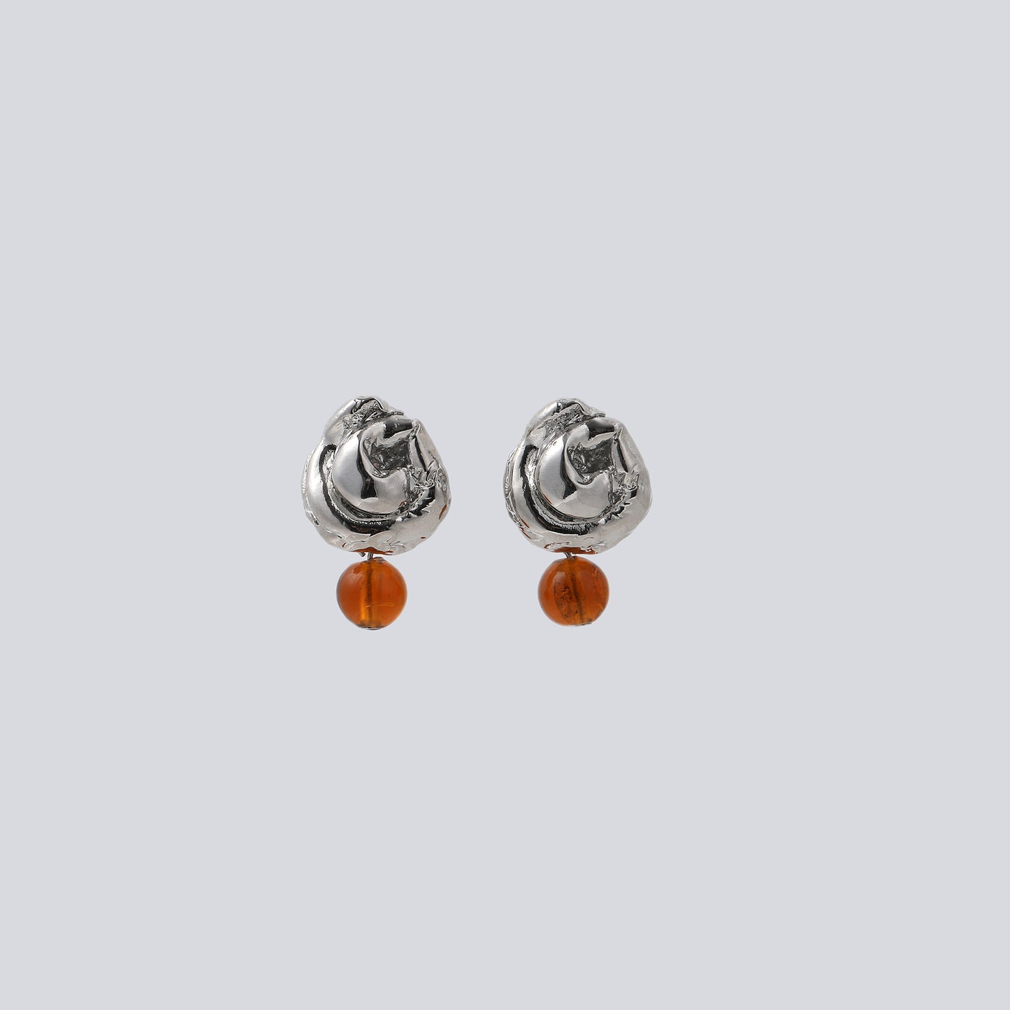 Silver Metal Twisted Bud & Orange Bead Drop Earrings