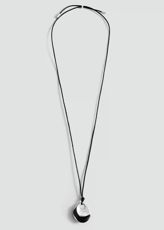 Silver Sculptural Disc Pendant Cord Necklace with Black Cord
