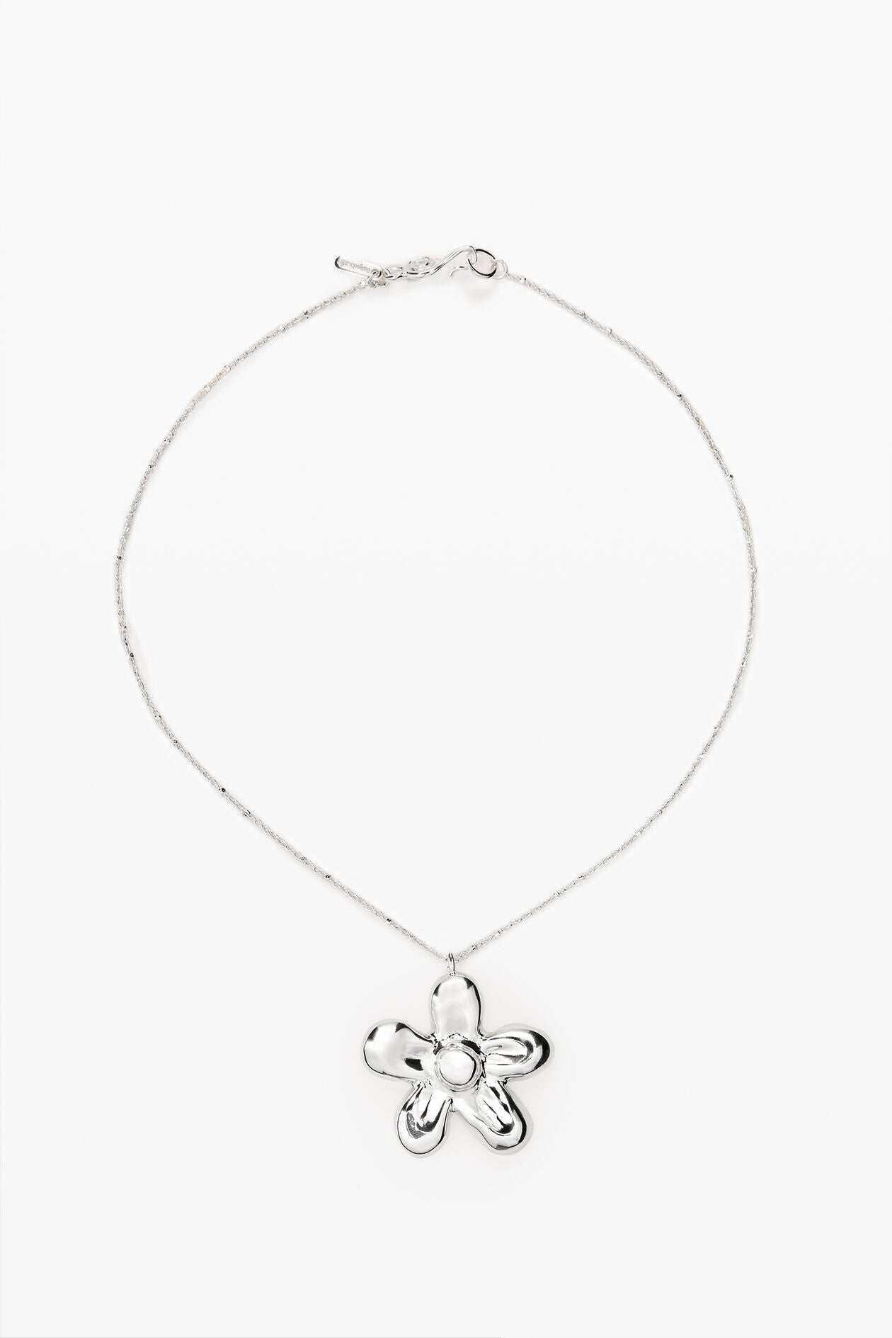 Silver Sculptural Flower Pendant Chain Necklace