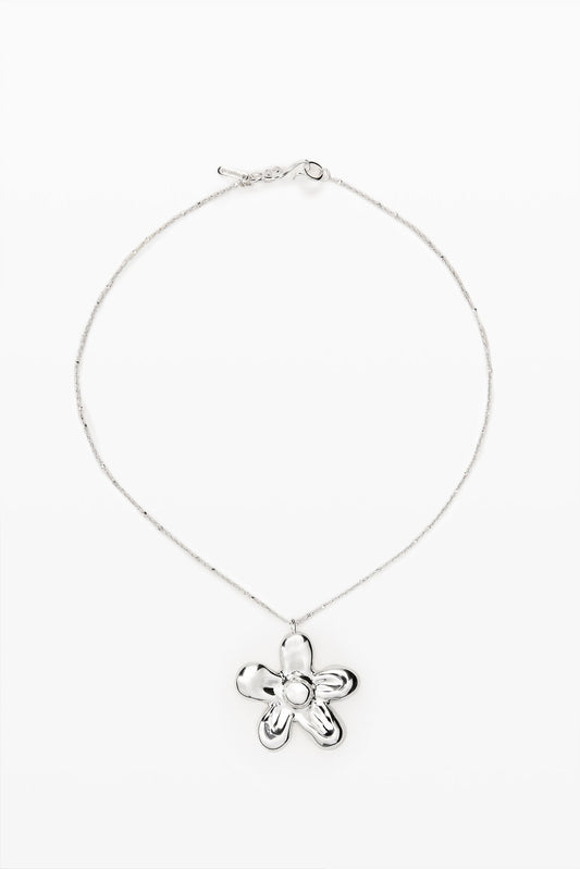 Silver Sculptural Flower Pendant Chain Necklace
