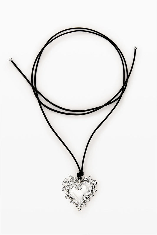 Silver Sculptural Heart Pendant Cord Necklace with Black Cord