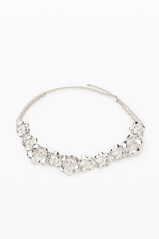 Silver Sculptural Rose Statement Necklace