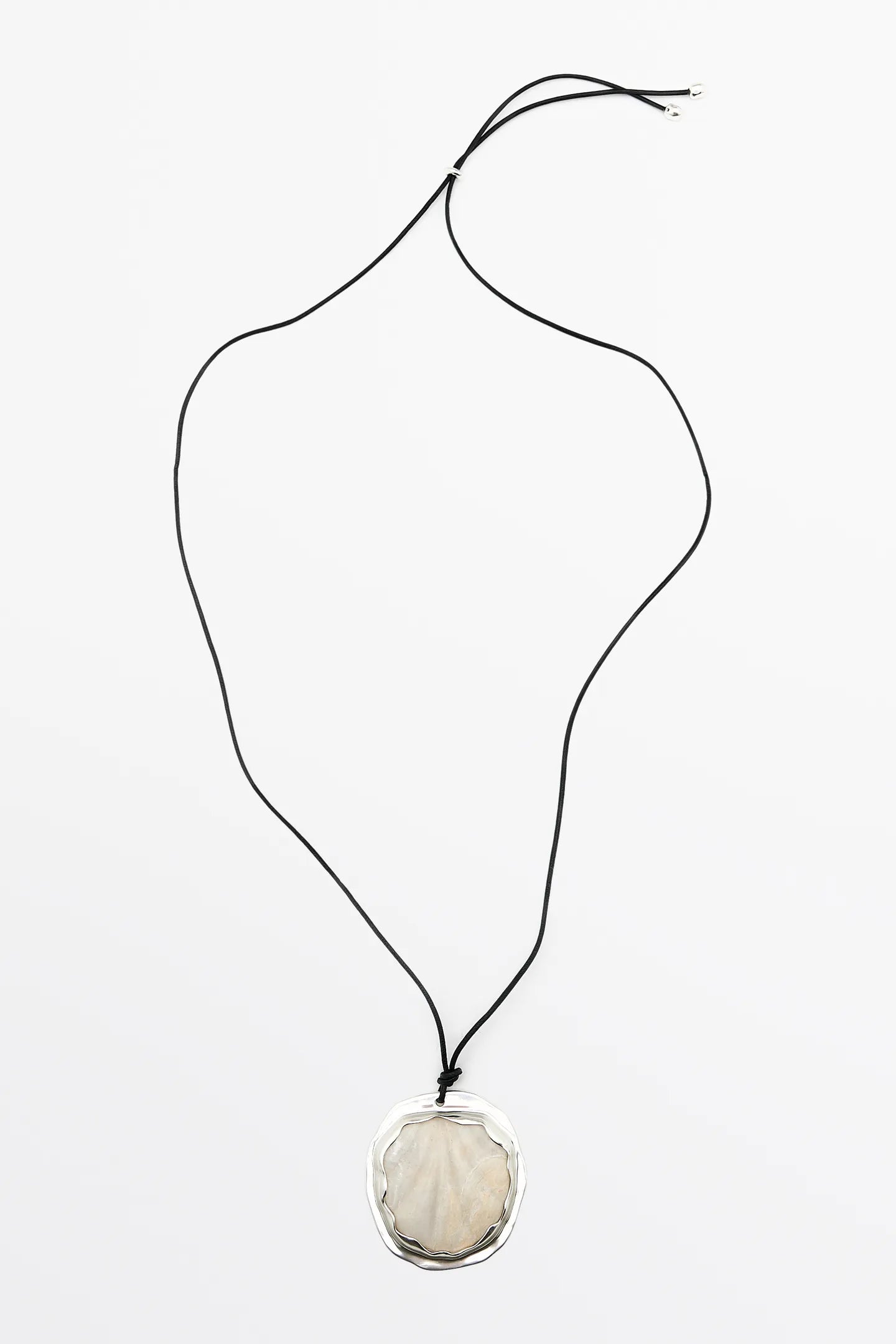 Silver Shell Pendant Black Cord Necklace.