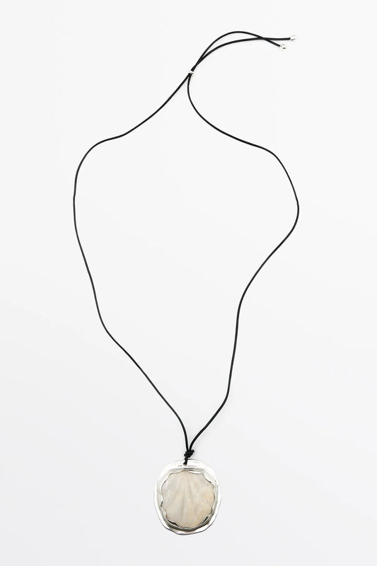 Silver Shell Pendant Black Cord Necklace.