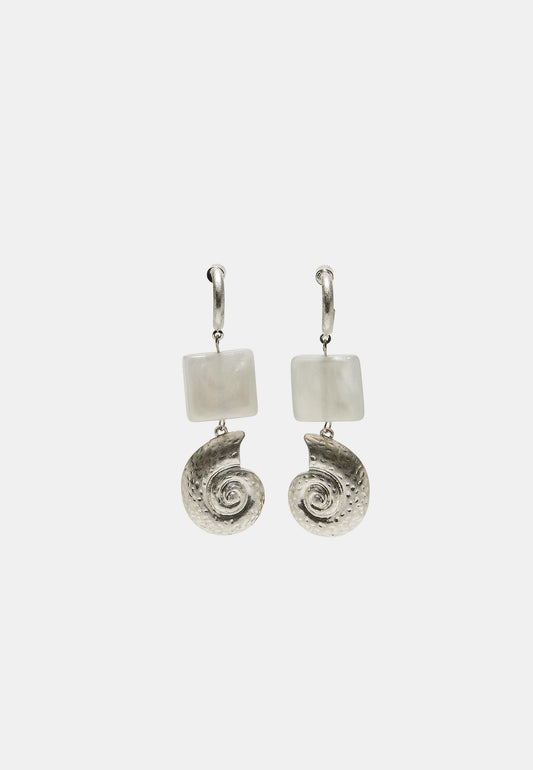 Silver Shell & Square Stone Drop Earrings