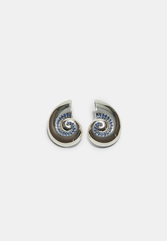 Silver Spiral Shell Stud Earrings with Blue Crystals