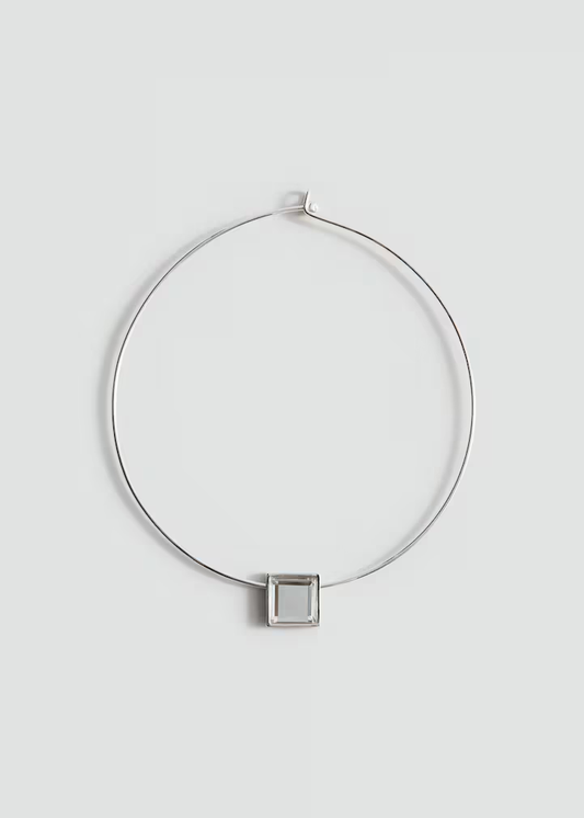 Silver Thin Wire Choker with Square Crystal Pendant