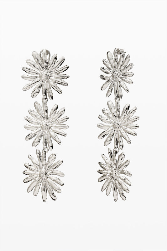 Silver Triple Daisy Linear Drop Earrings