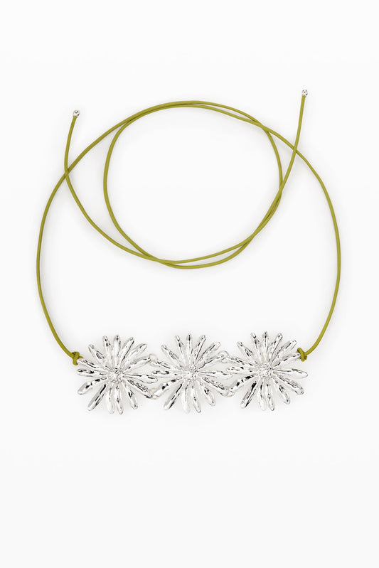 Silver Triple Daisy Pendant Cord Necklace with Olive Green Cord