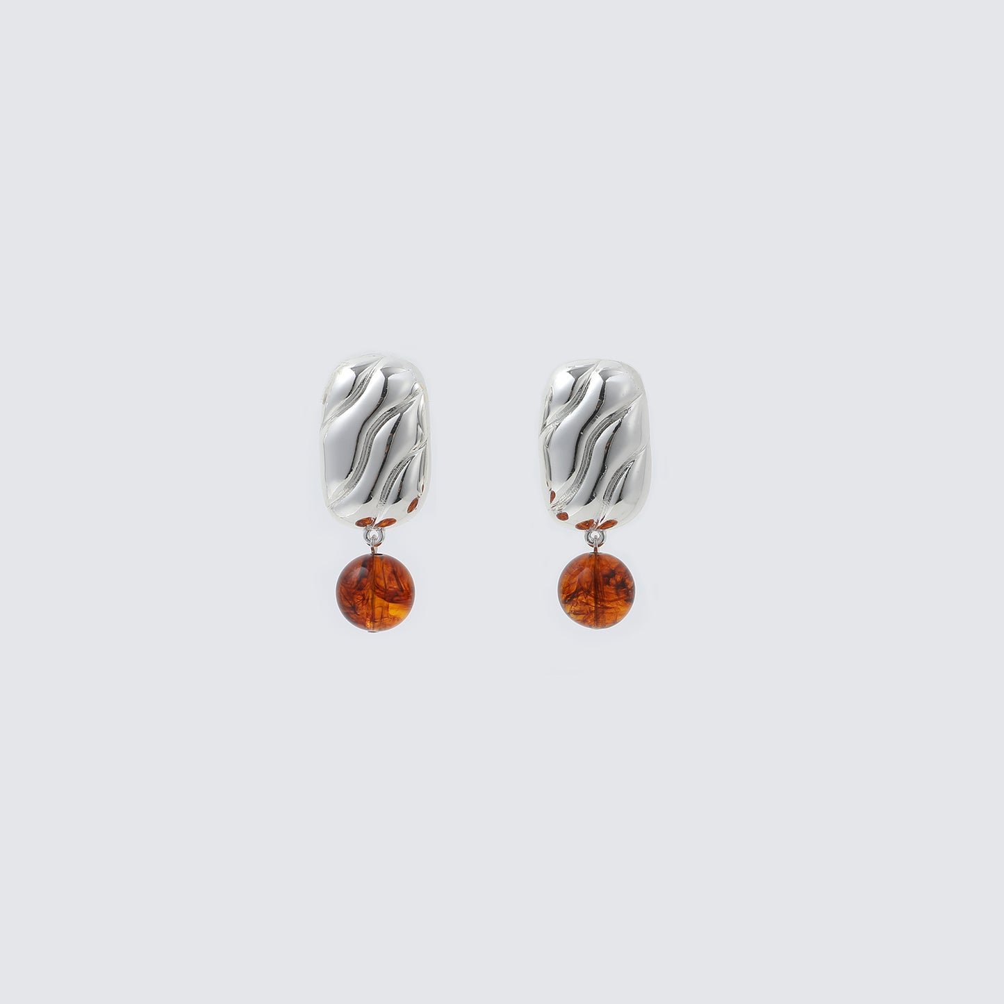 Silver Wavy Textured with Amber Bead Drop Earrings