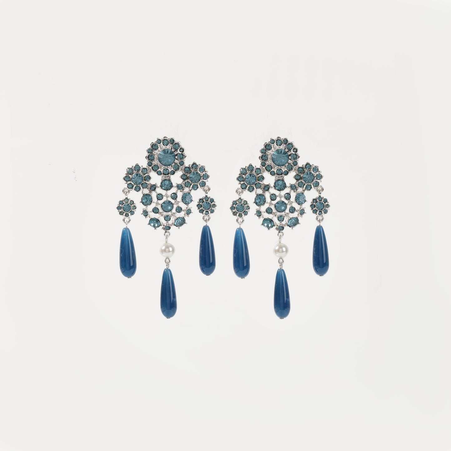 Silver blue crystal and teal stone teardrop pearl chandelier earring