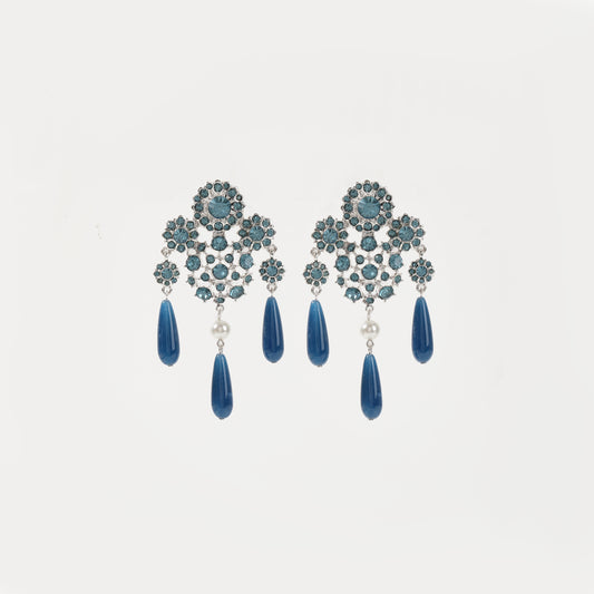 Silver blue crystal and teal stone teardrop pearl chandelier earring