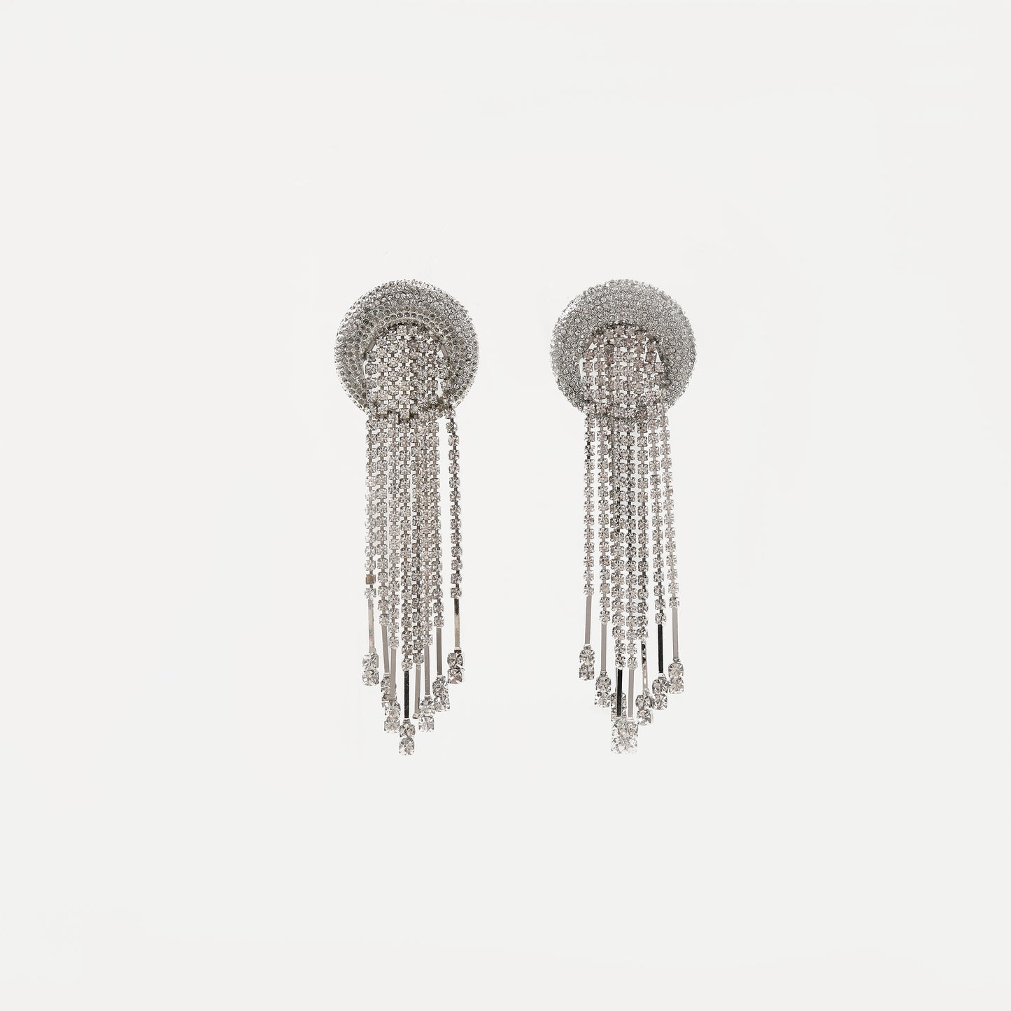 Silver crystal-encrusted circular tassel drop earring