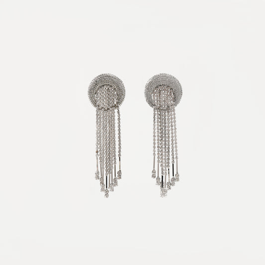 Silver crystal-encrusted circular tassel drop earring