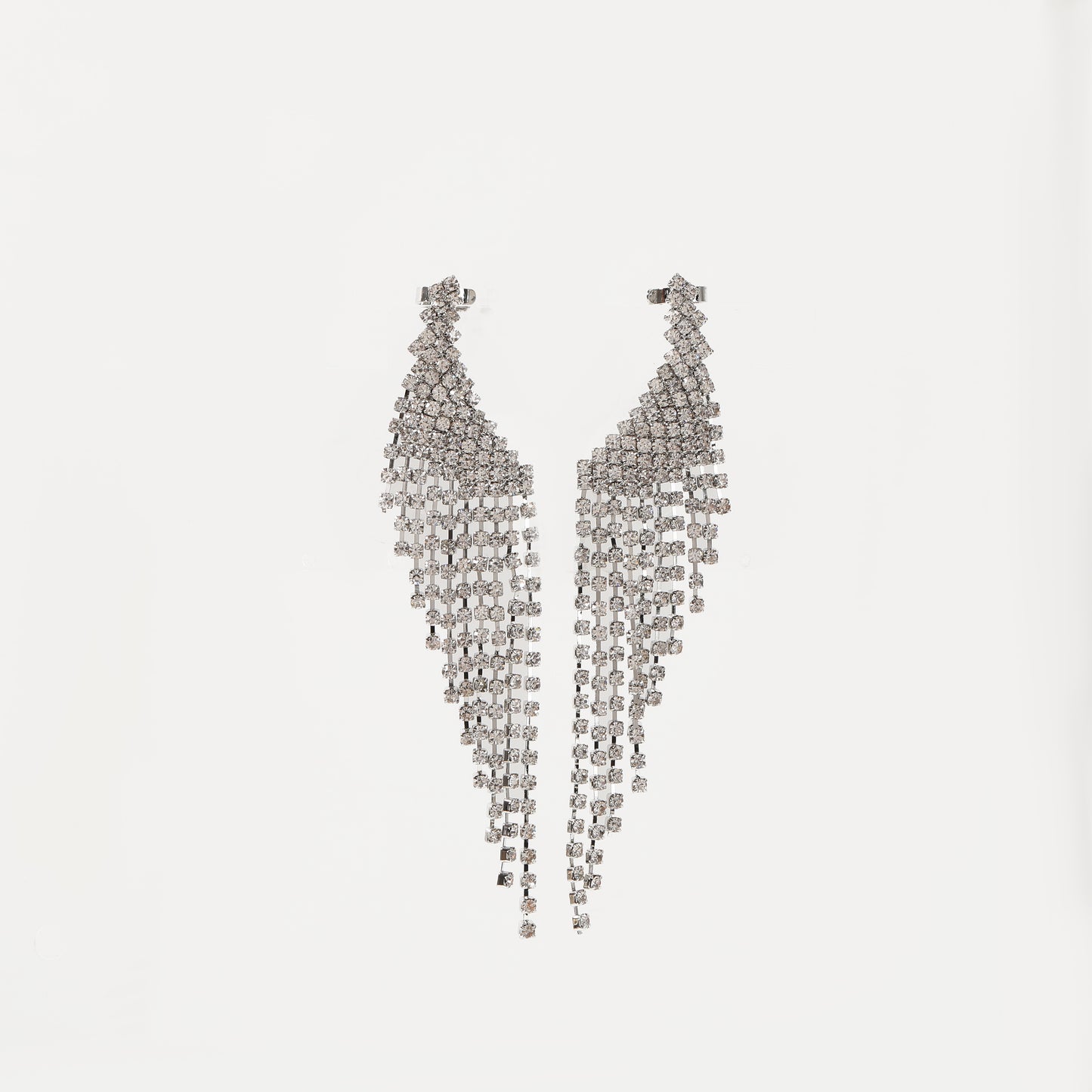 Silver crystal fan-shaped tassel drop earring