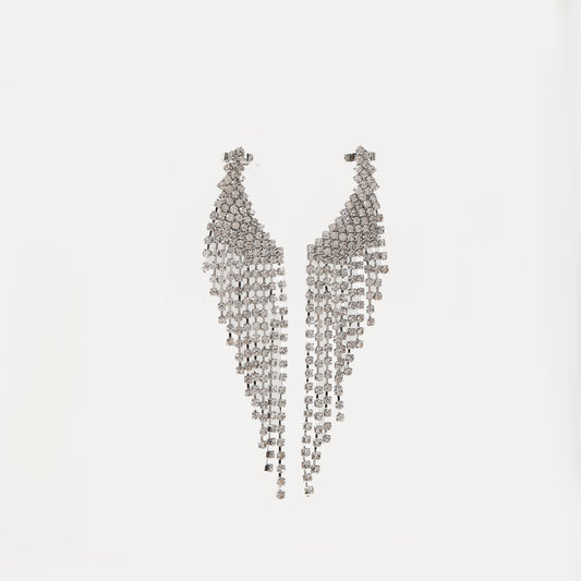 Silver crystal fan-shaped tassel drop earring