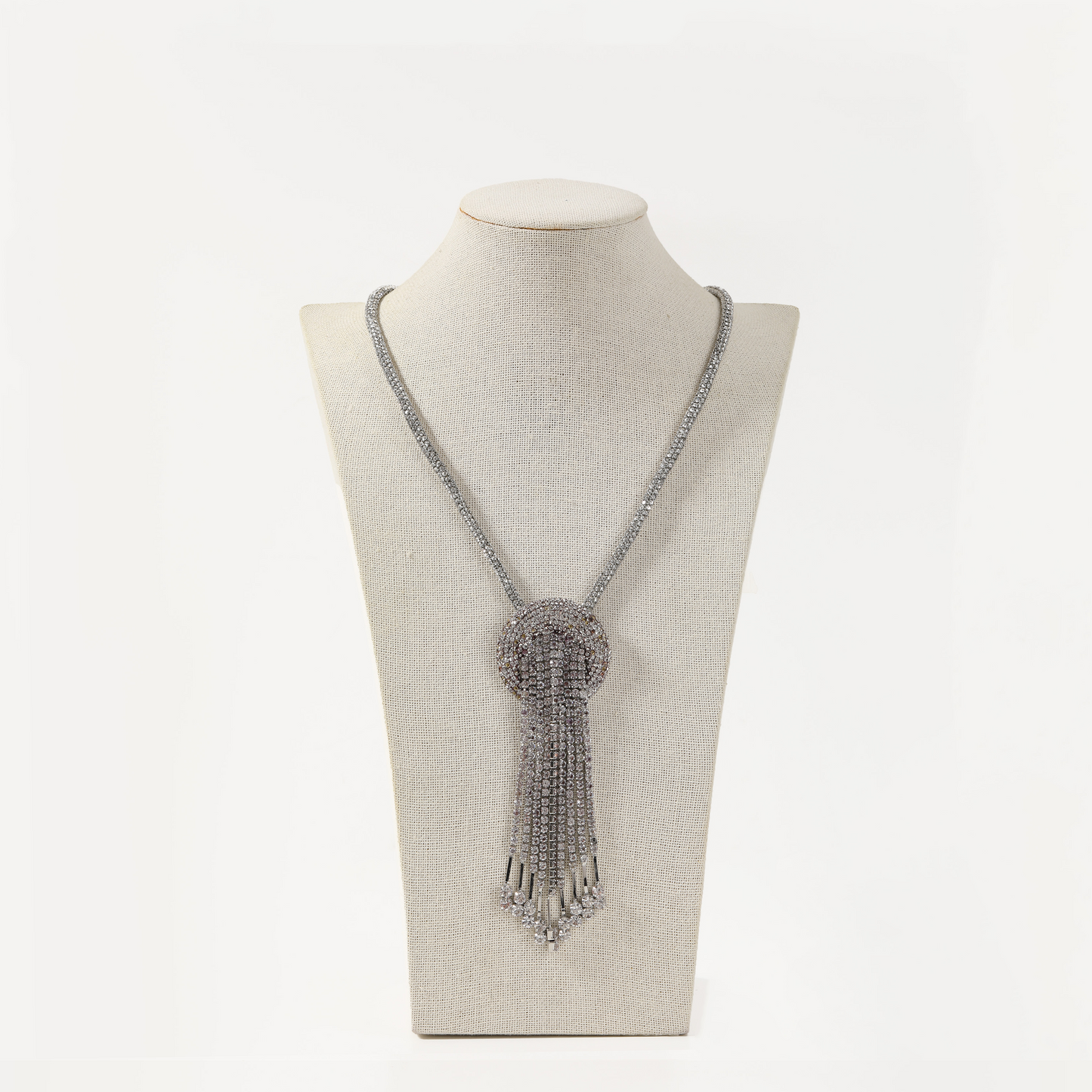 Silver crystal tassel choker necklace